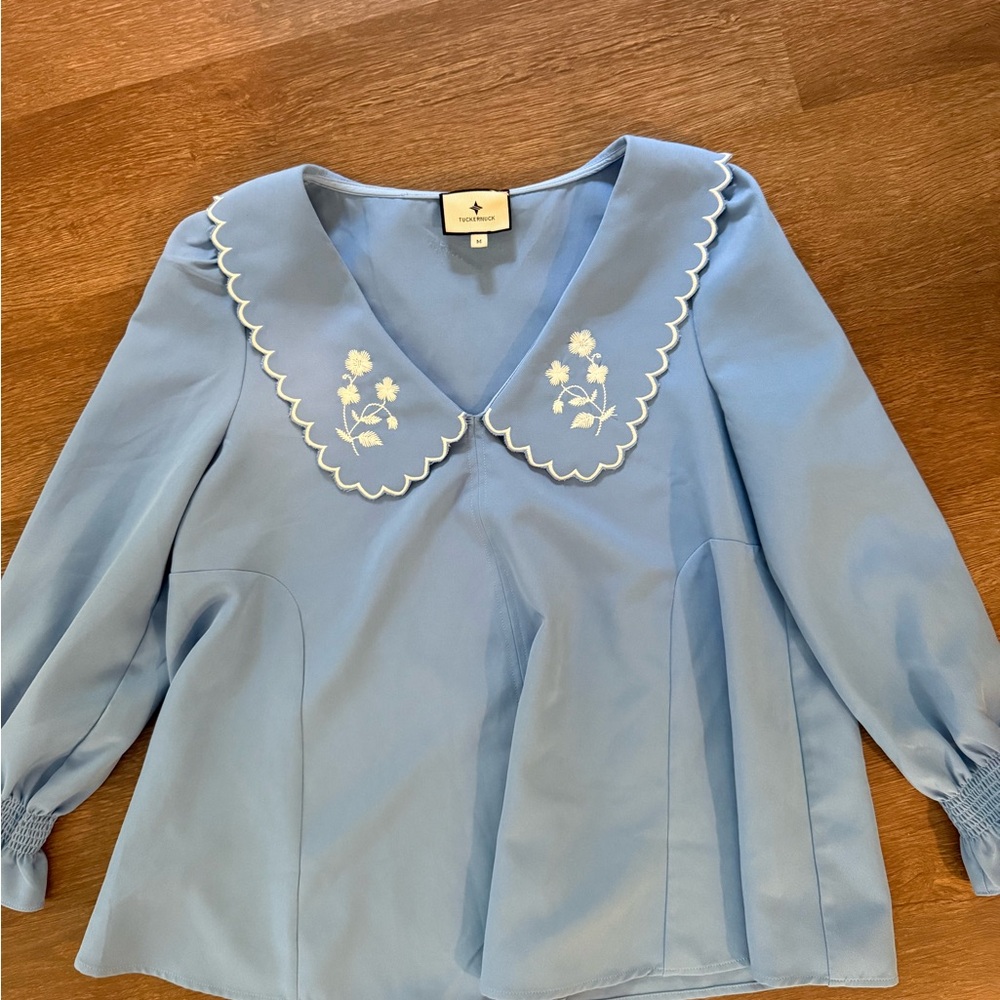 Tuckernuck Light Blue Top with Floral Embroidery